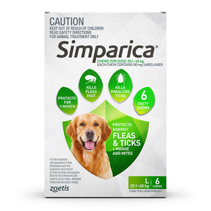 Simparica 6 chews packaging for dogs with a dog's face on it, on a white background at Pet Servo