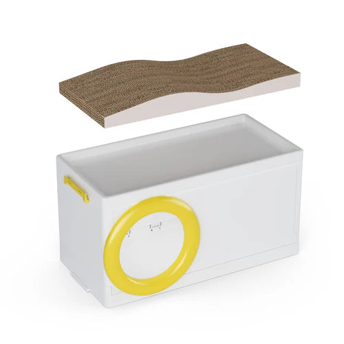 White storage box with a yellow handle and a detachable brown scratch pad on a white background at Pet Servo