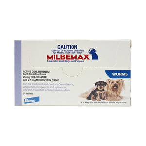 Milbemax 50 tablet packaging for small dogs and puppies on a white background at Pet Servo