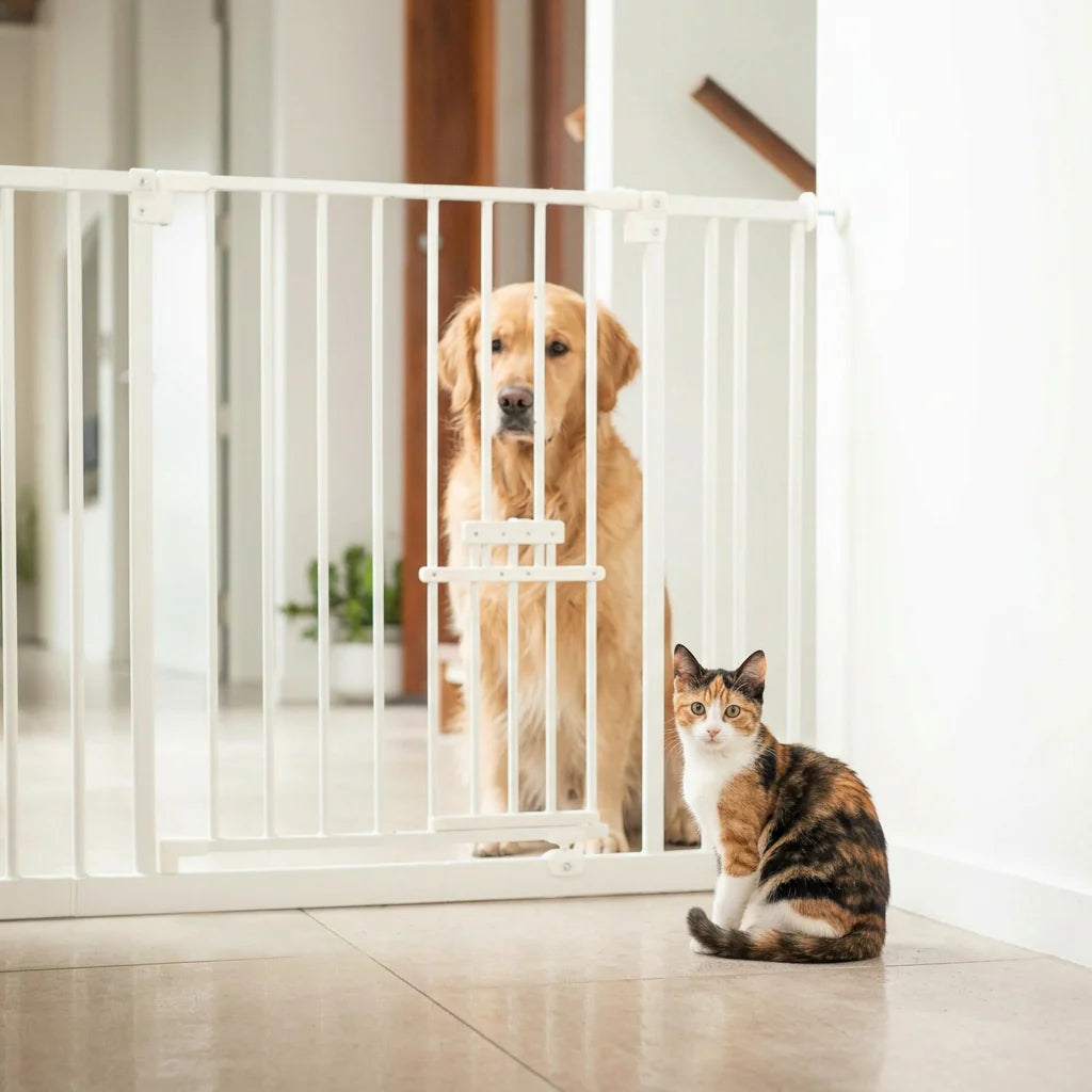 Dog and cat behind a white pet gate in a home setting