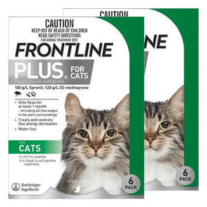Two packages of Frontline Plus for cats with a cat's face on the label.