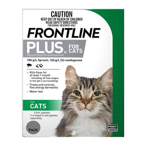 Frontline Plus for cats packaging with a cat's face on a white background