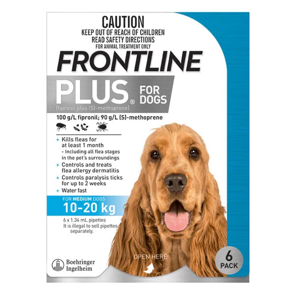 Frontline Plus for dogs packaging with a dog's face on a white background