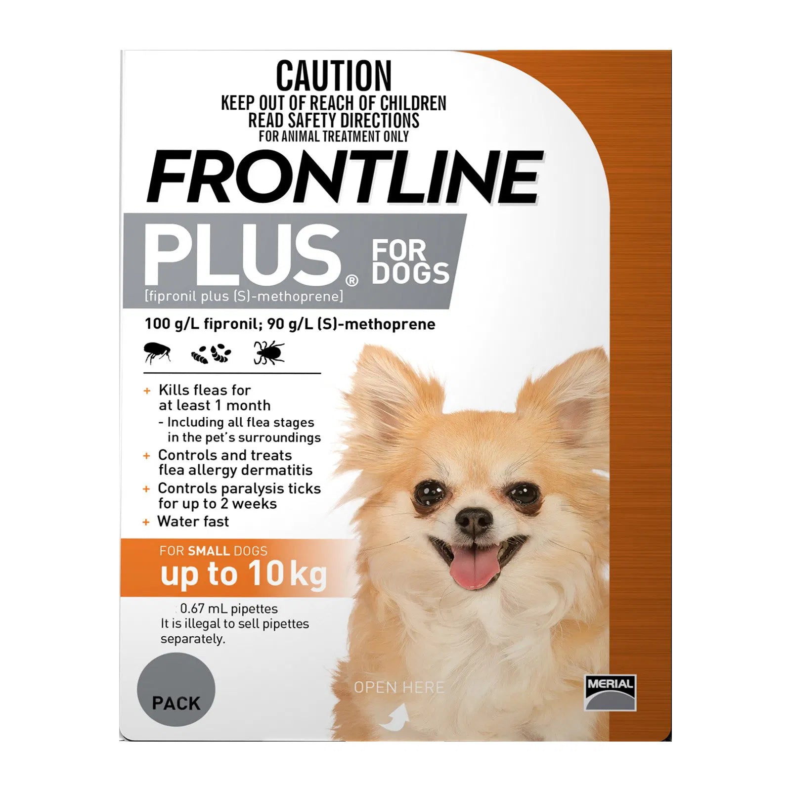 Frontline Plus for dogs packaging with a small dog illustration on a white background
