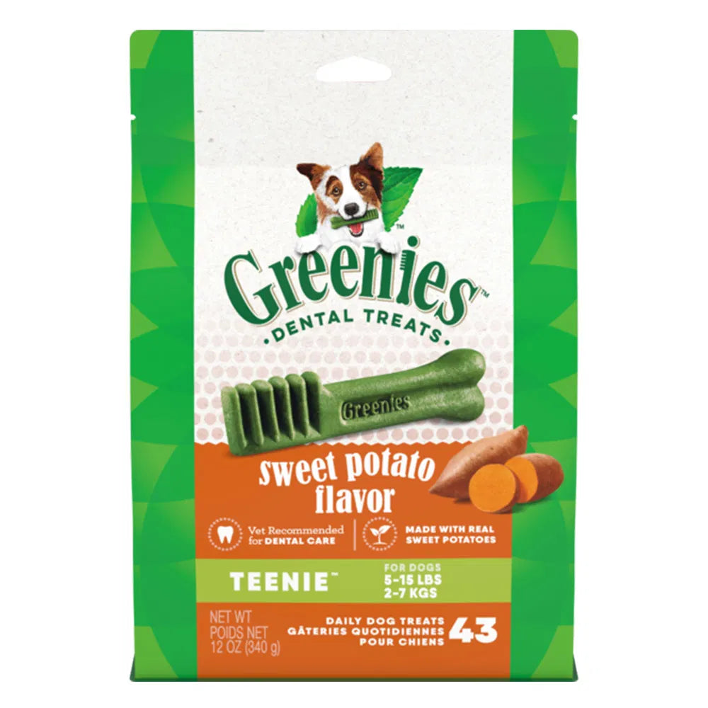 Greenies Dental Treats packaging for dogs with sweet potato flavor on a white background at Pet Servo
