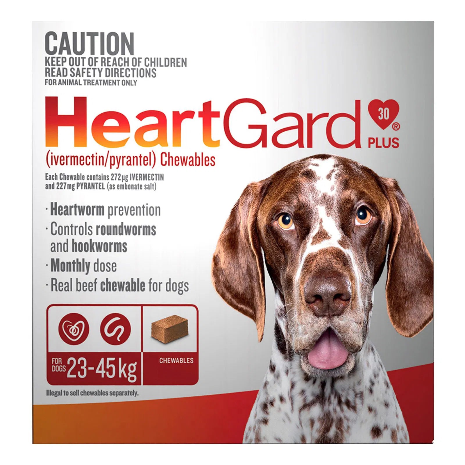 HeartGard Plus chewables packaging for dogs with a dog's face on the box.