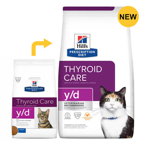 Hills Prescription Diet Thyroid Care y/d cat food packaging with a cat on the label at Pet Servo
