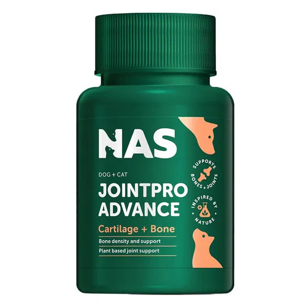 Green bottle of NAS Jointpro Advance supplement for dogs and cats on a white background at petservo