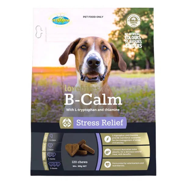60 chews Dog treat package for stress relief with a dog's face on the label at Pet Servo