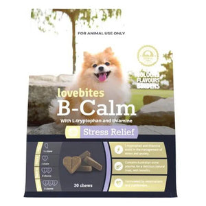 Package of lovebites B-Calm stress relief treats for dogs with a dog on the label at Pet Servo