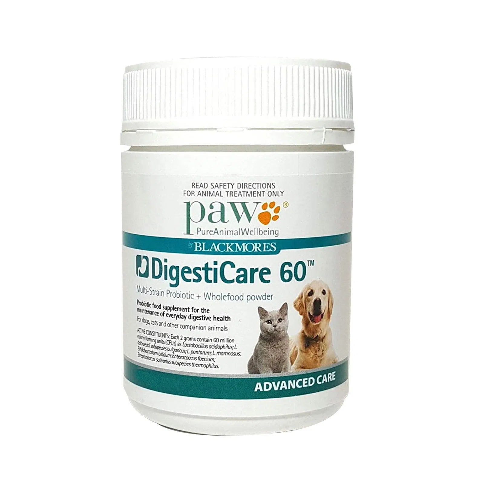 Paw Blackmores DigestiCare 60 supplement container on a white background at Pet Servo