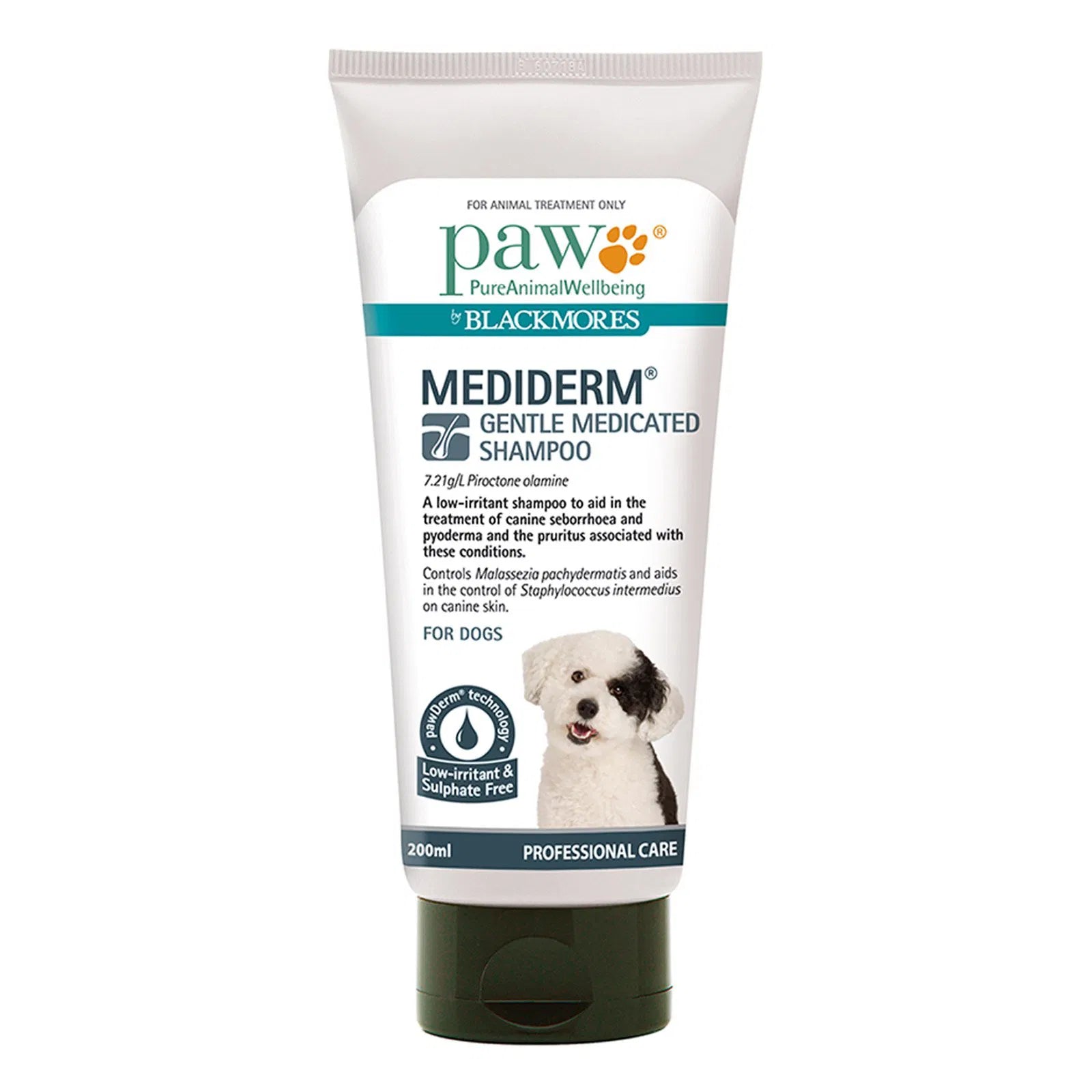 Tube of Mediderm Gentle Medicated Shampoo for dogs by paw Blackmores on a white background