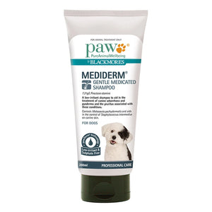 Tube of Mediderm Gentle Medicated Shampoo for dogs by paw Blackmores on a white background