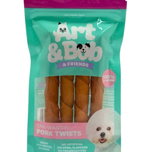 Packaging of Art & Bob & Friends Tail-Waggin' Pork Twists for dogs on a white background