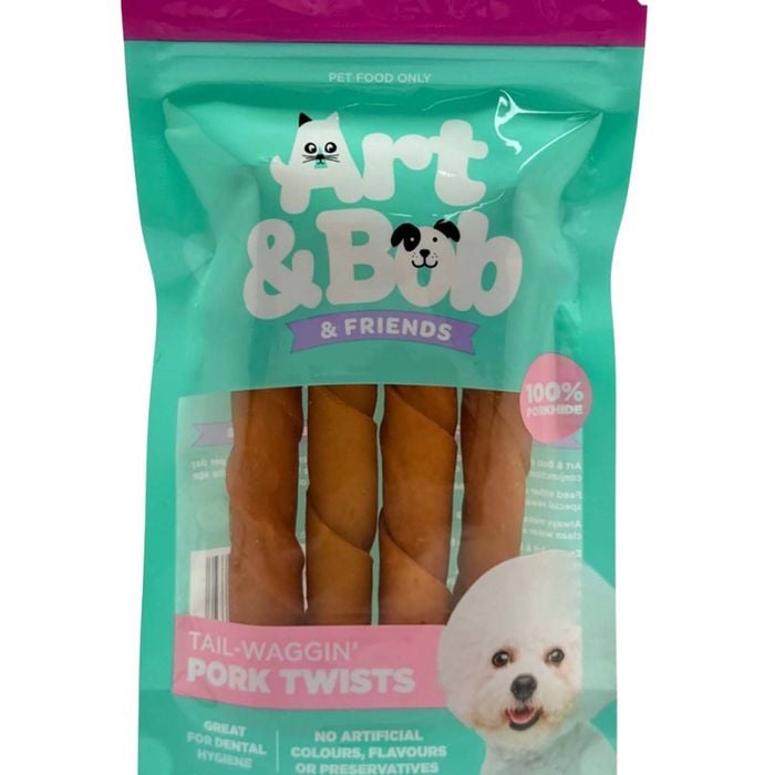 Packaging of Art & Bob & Friends Tail-Waggin' Pork Twists for dogs on a white background