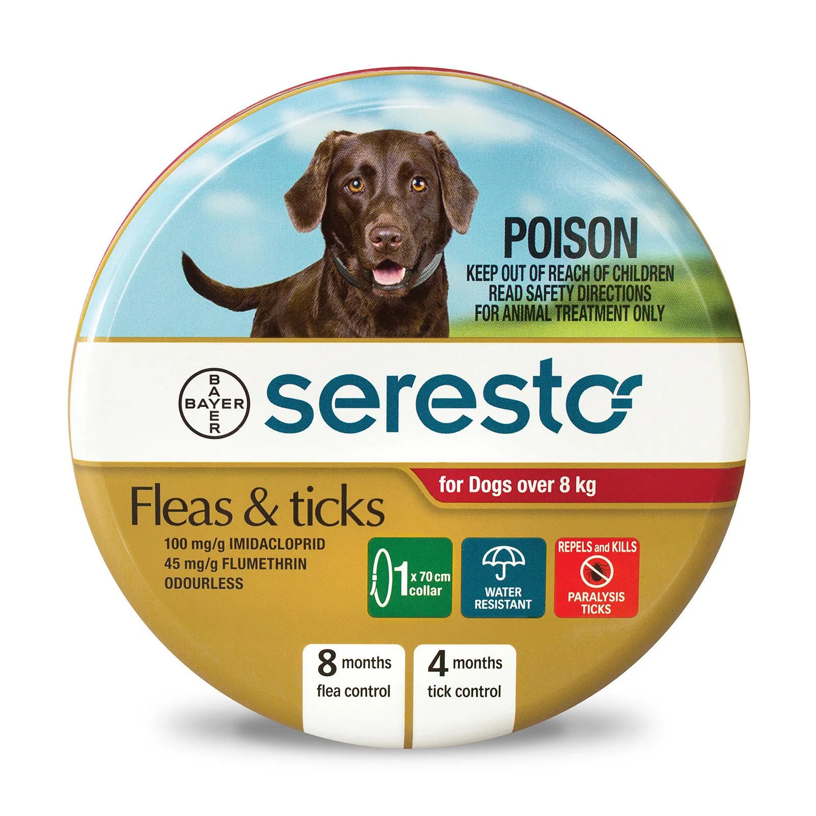 Seresto flea and tick collar packaging for dogs over 8 kg with a brown dog on the label at Pet Servo