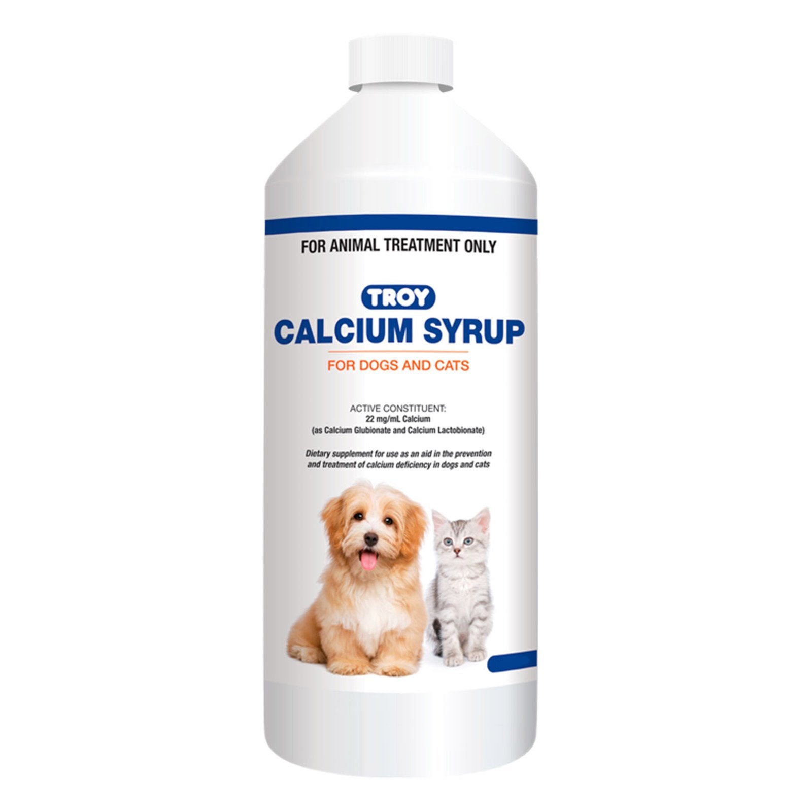 Bottle of Troy Calcium Syrup for dogs and cats on a white background at Pet Servo