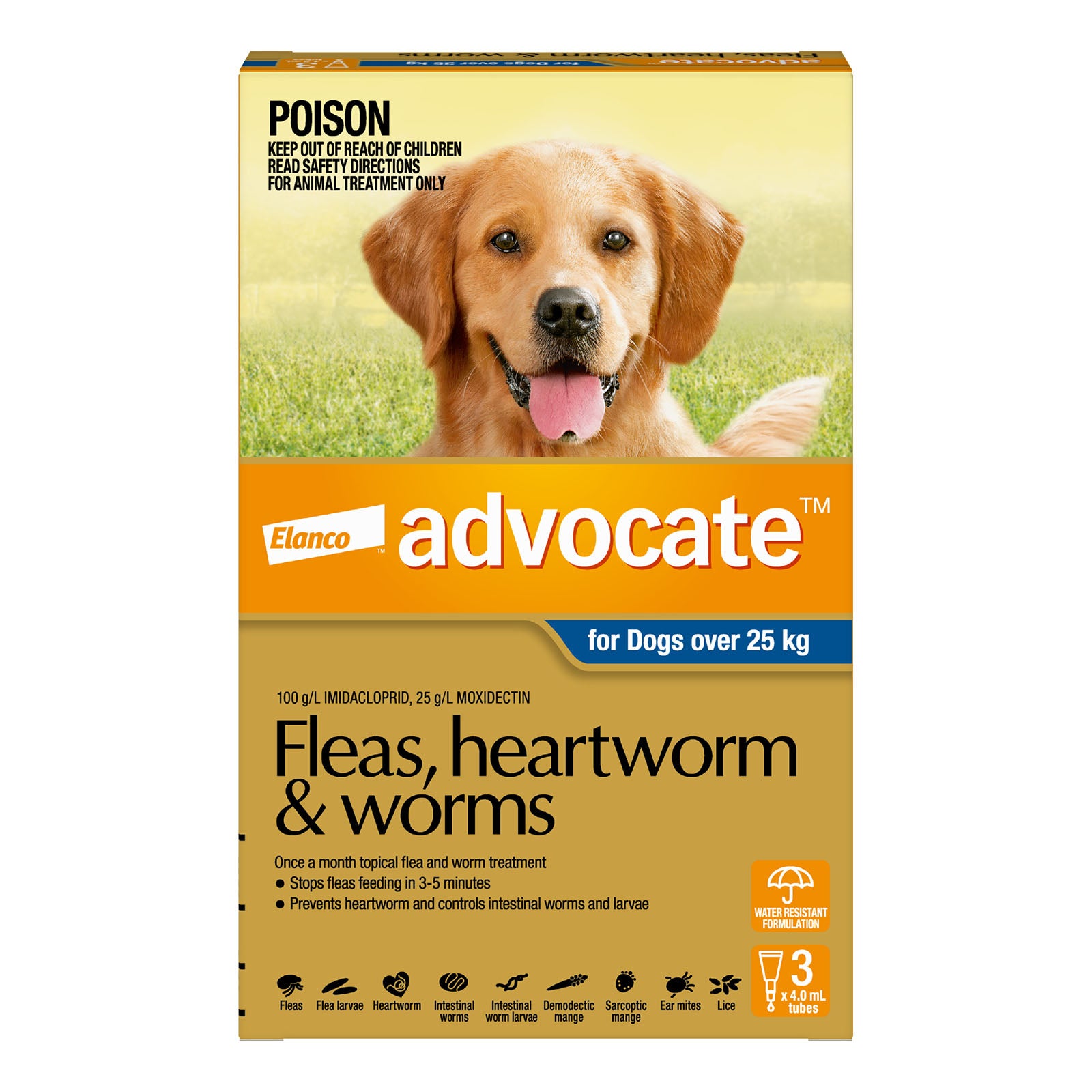 Advocate flea, heartworm, and worm treatment for dogs packaging with a dog on the front at Pet Servo