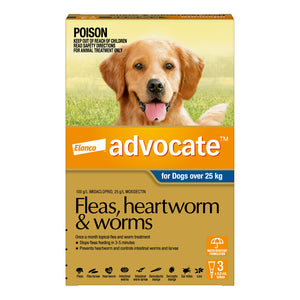 Advocate flea, heartworm, and worm treatment for dogs packaging with a dog on the front at Pet Servo