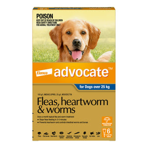 Advocate flea, heartworm, and worm treatment for dogs packaging with a dog on the label at Pet Servo