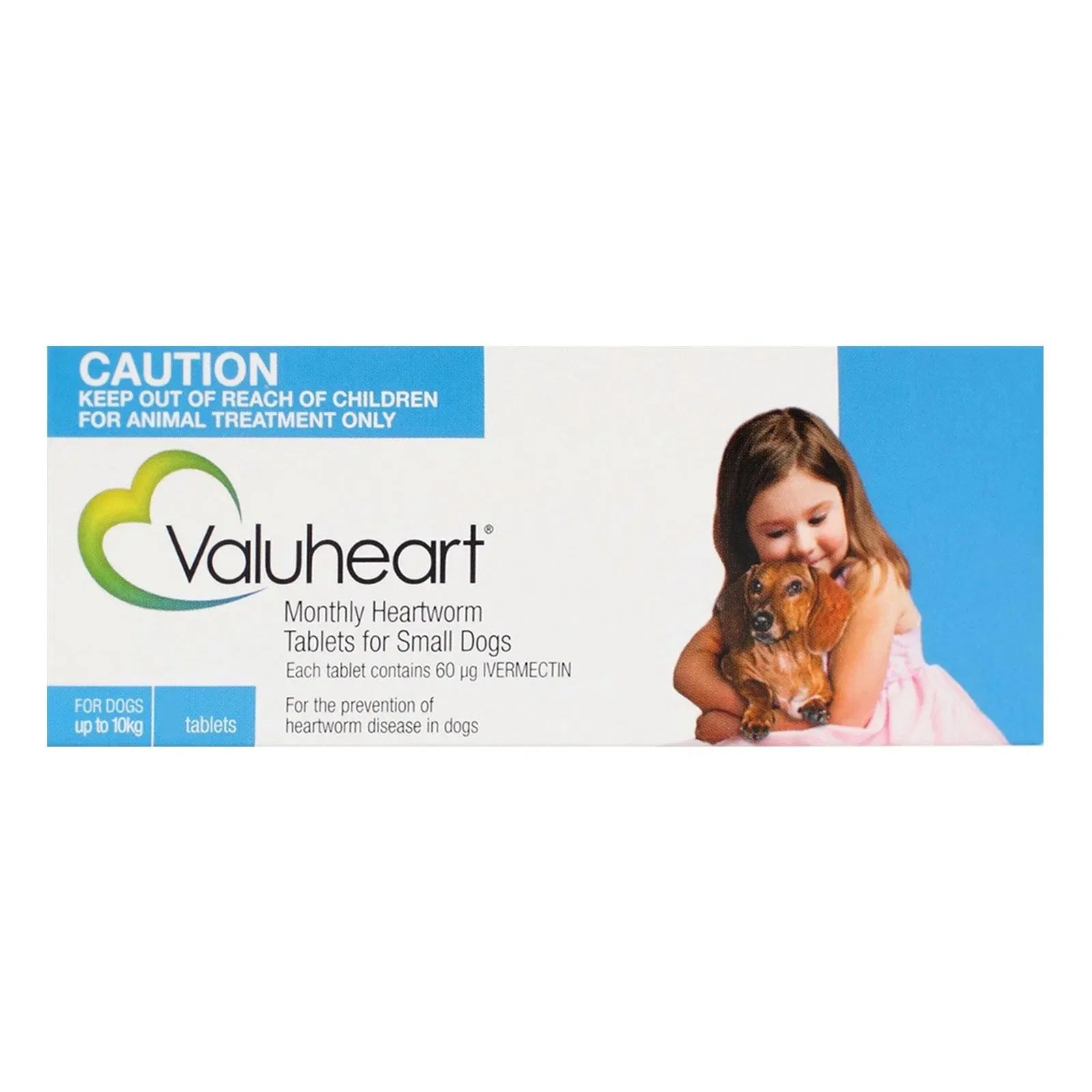 Valuheart heartworm tablet packaging with a child and dog illustration on a white background at Pet Servo