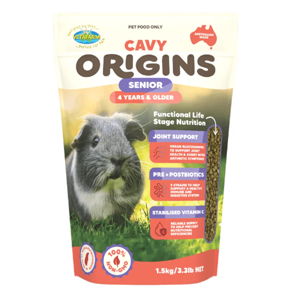 Cavy Origins Senior pet food package for guinea pigs with a guinea pig on the label at Pet Servo