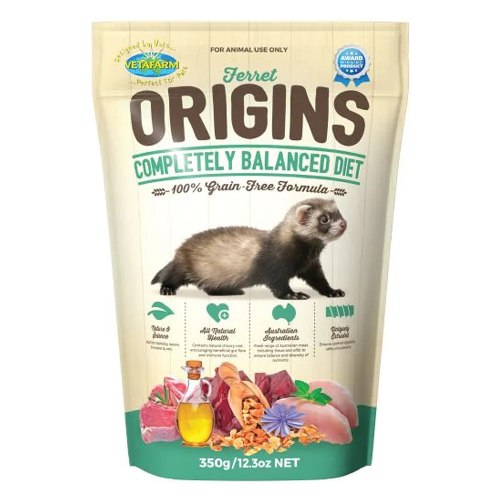 Vetafarm Ferret Origins completely balanced diet packaging 350 gm on a white background at Pet Servo