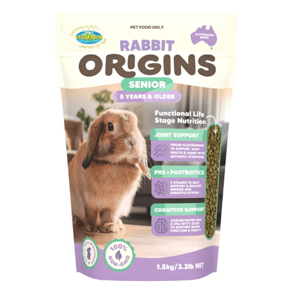 Pet food package for senior rabbits with a rabbit illustration on a white background at Pet Servo