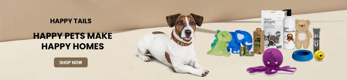 Happy tails brand collection banner with product images at Pet Servo