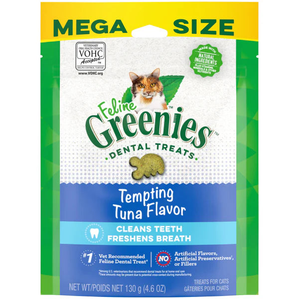 Package of Feline Greenies dental treats for cats with tuna flavor on a white background at Pet Servo