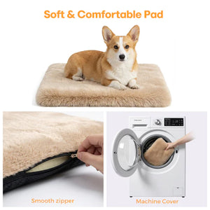 Dog lying on a soft and comfortable pad with washing machine and zipper features shown at Pet Servo