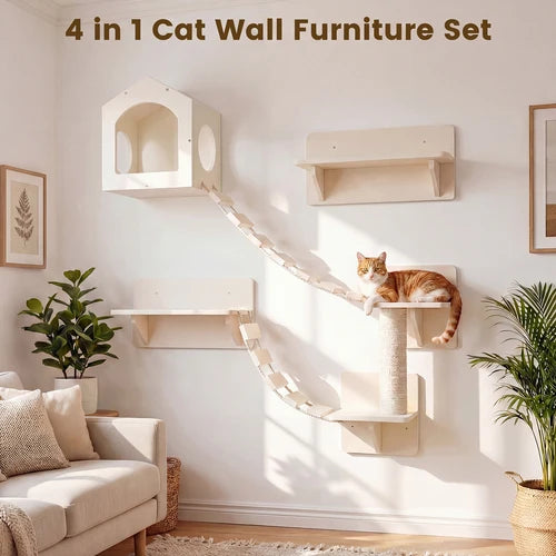 A 4-in-1 cat wall furniture set in a warm cream/beige color, mounted on a wall in a bright living room. The set includes a house-shaped cat tree, a scratching post, a chain-link ramp, a shelf, and a perch, with an orange tabby cat resting on one of the platforms at Pet Servo