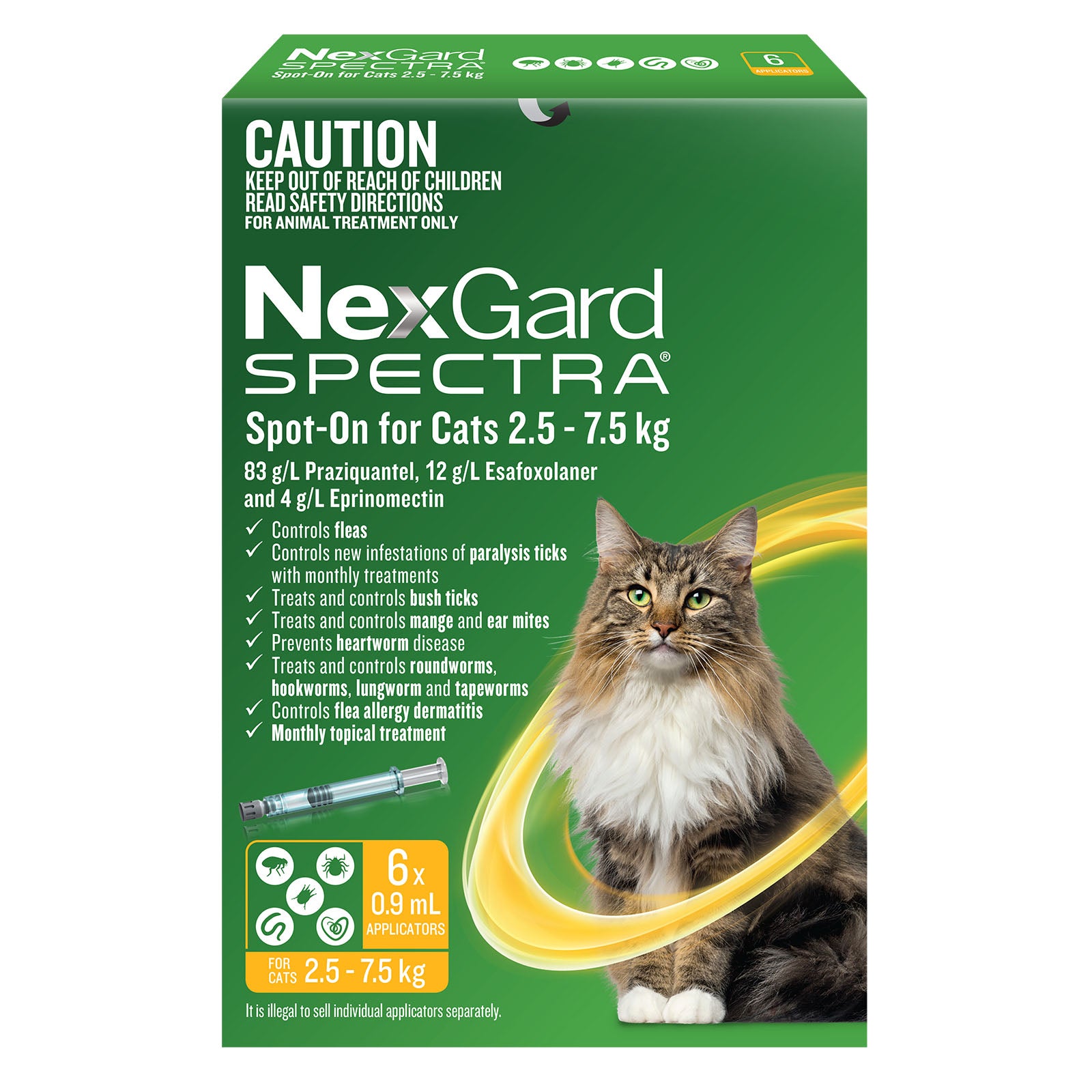 NexGard Spectra packaging for cats with a green background and cat illustration at Pet Servo