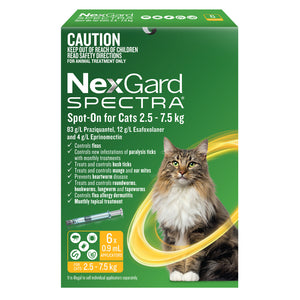 NexGard Spectra packaging for cats with a green background and cat illustration at Pet Servo
