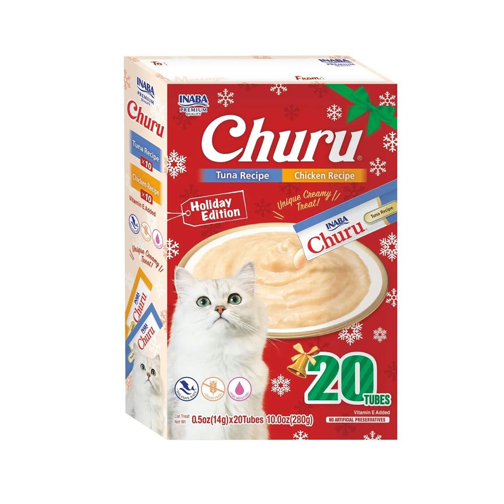 Box of Naba Churu cat treats with a cat on the label, featuring holiday design elements.