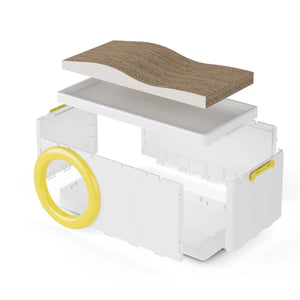 White cat立体架 with a scratch pad and yellow ring on a white background at Pet Servo