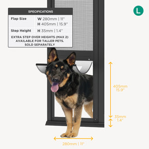 Dog standing next to a pet door with specifications and dimensions displayed.