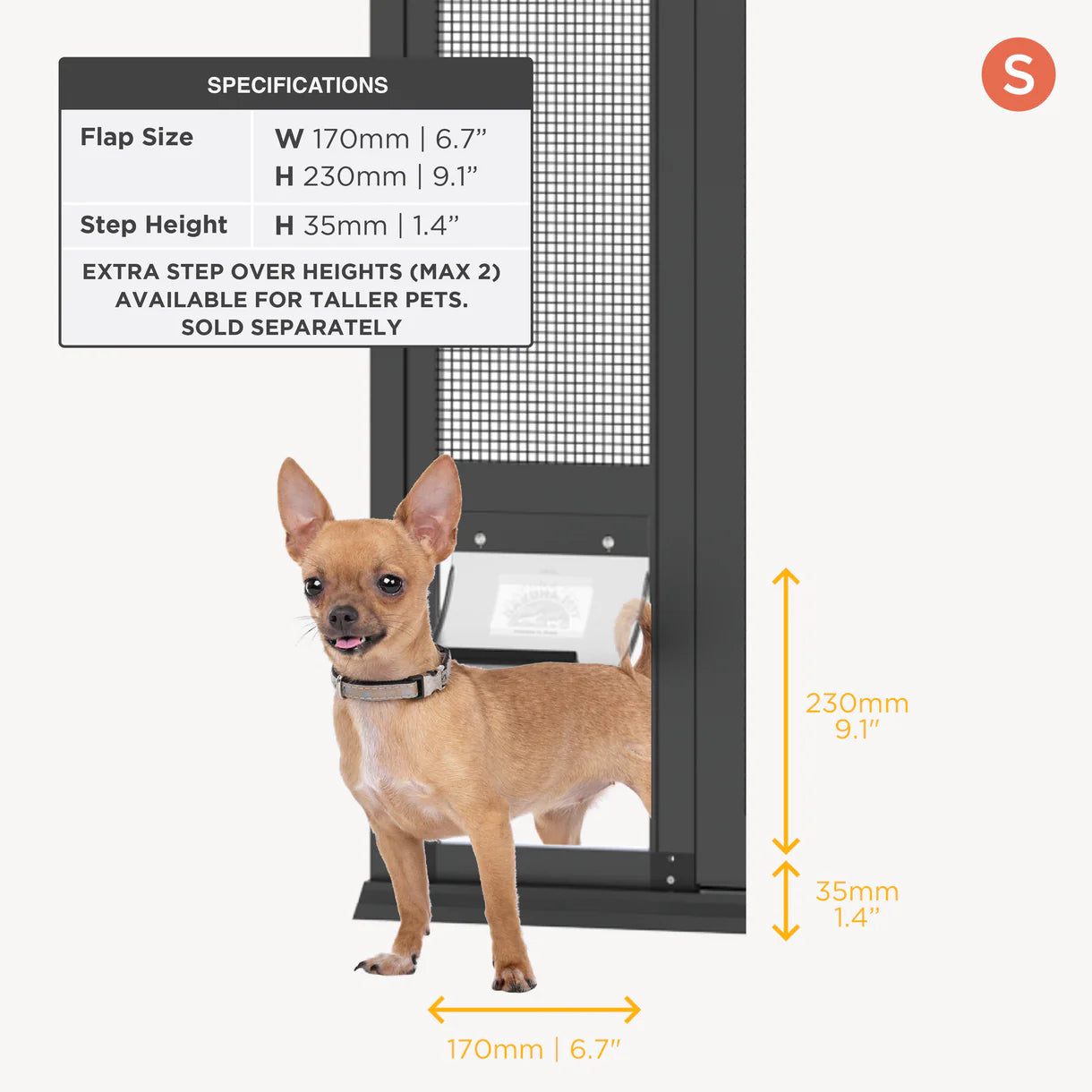 Dog door with specifications and a small dog demonstrating its size.