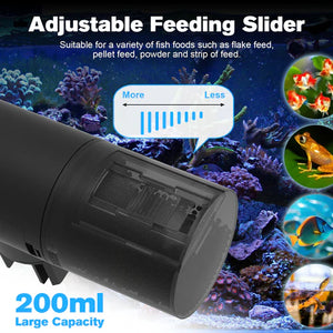 Aquarium feeder with adjustable slider and fish in the background at Pet Servo