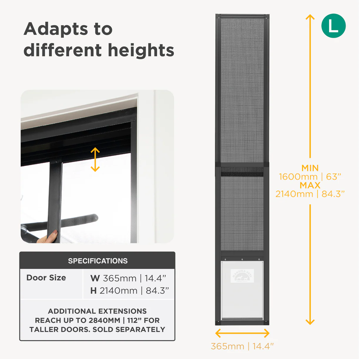 Screen door with height adaptation features and specifications on a white background