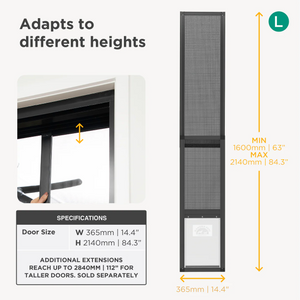 Screen door with height adaptation features and specifications on a white background