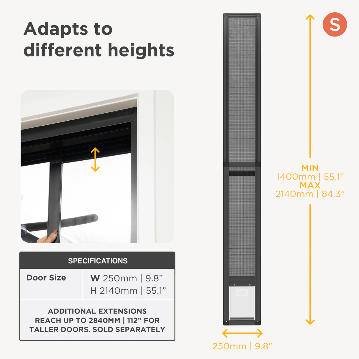 Door screen with height adaptation feature and specifications on a white background