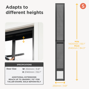Door screen with height adaptation feature and specifications on a white background