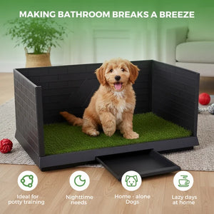 A small golden dog sits inside a black rectangular dog crate with green artificial turf lining and a pull-out tray, shown in a staged living room setting with text and feature icons around the image at Pet Servo
