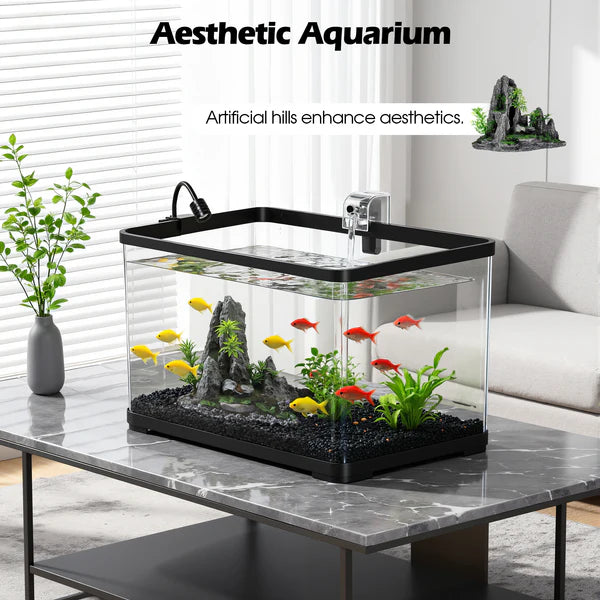 Modern aquarium with fish on a marble table in a living room setting.