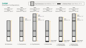 Diagram of extension configurations with measurements for top extensions and bottom risers.