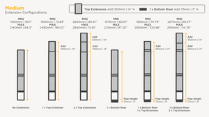 Diagram showing extension configurations with measurements for top extensions and bottom risers.