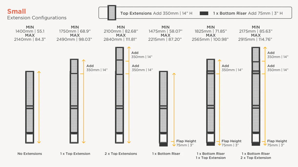 Technical diagram of extension configurations with dimensions and measurements.