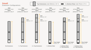 Technical diagram of extension configurations with dimensions and measurements.