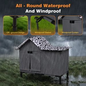 A gray outdoor dog shelter shown in the rain with marketing text at the top and three inset detail images highlighting off-ground design, windproof stakes, and windproof curtain at Pet Servo